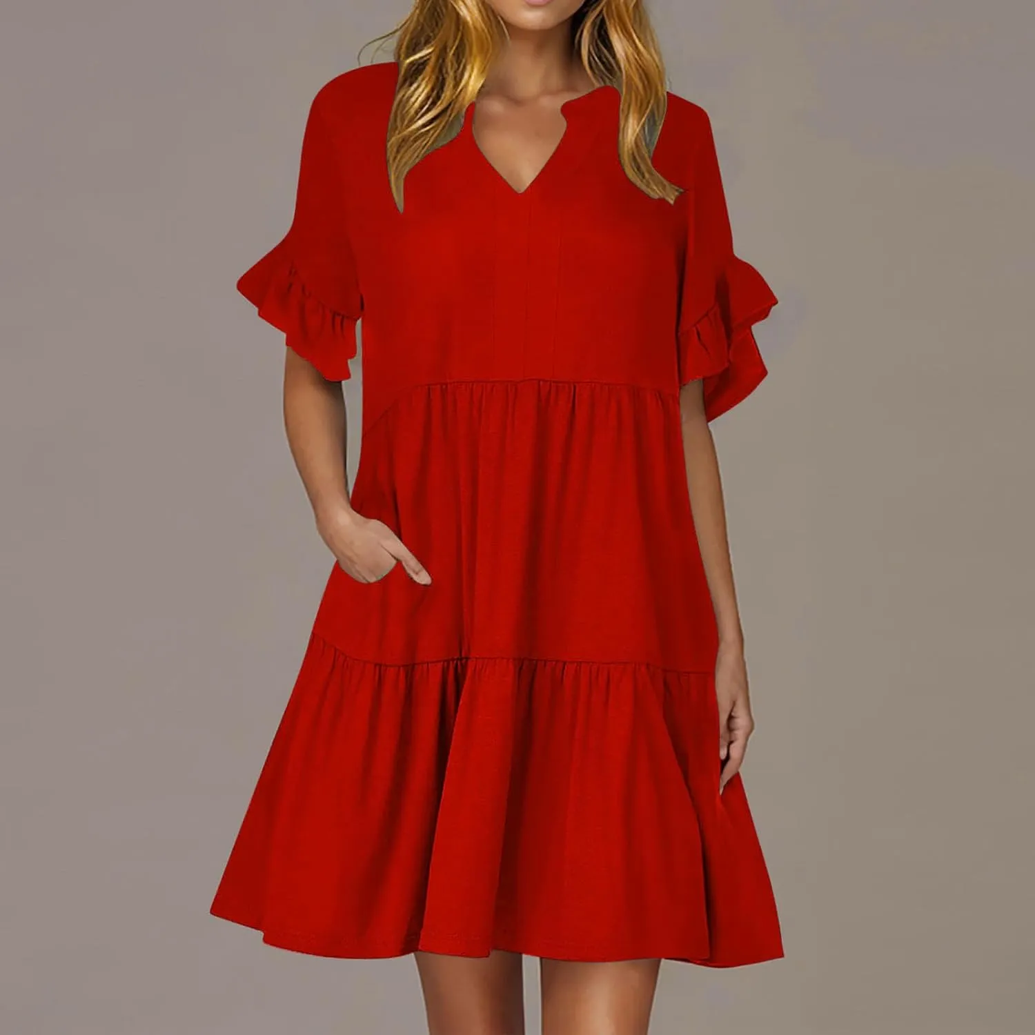 Lmdudan Womens Mini Beach Dress with Pockets 2025 Summer Trendy Dresses Ruffle Short Sleeve V Neck A Line Tiered Flowy Dress