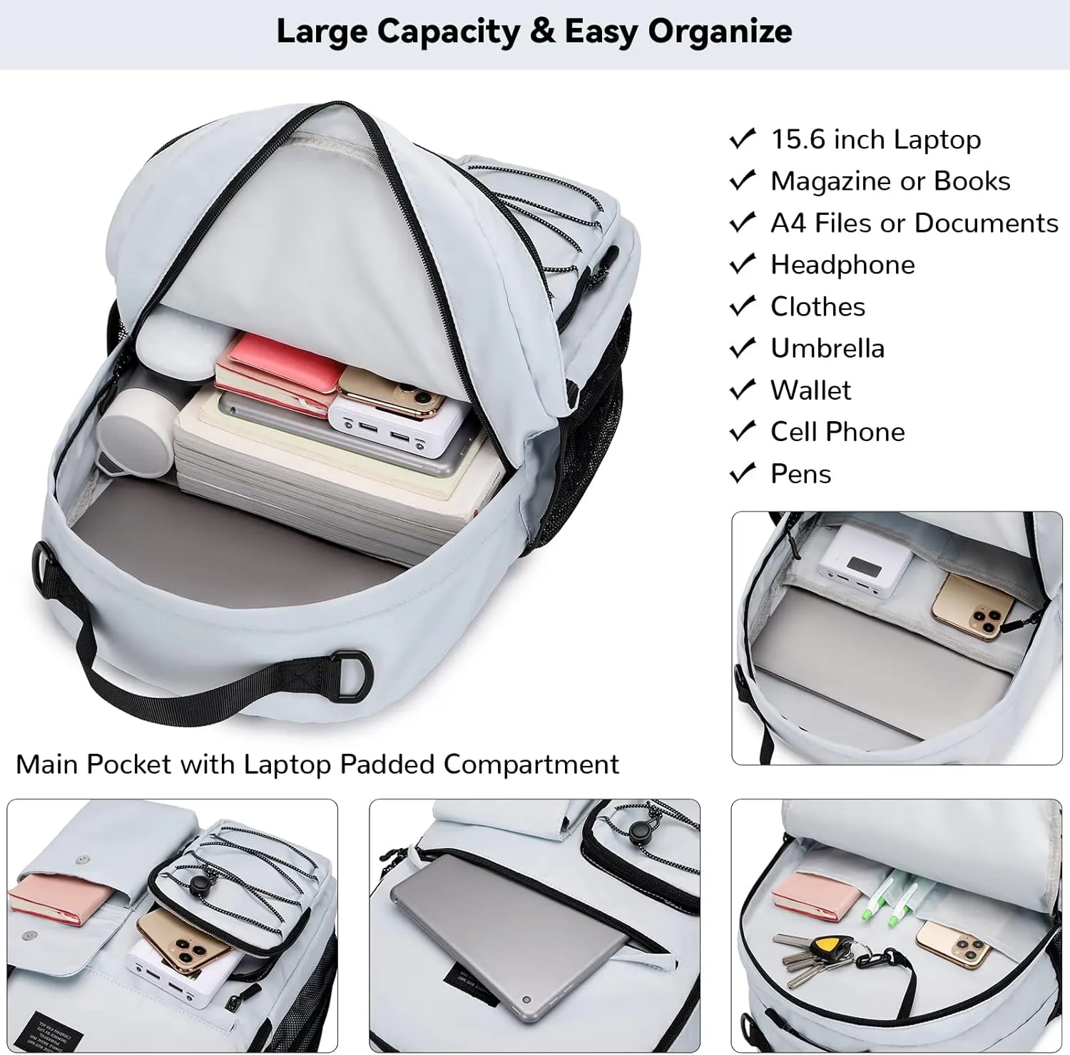 Lohol Water Resistant Backpack for Travel School Work, Casual Daypack with Anti Theft Pocket for Teen Girls Boys (Navy)
