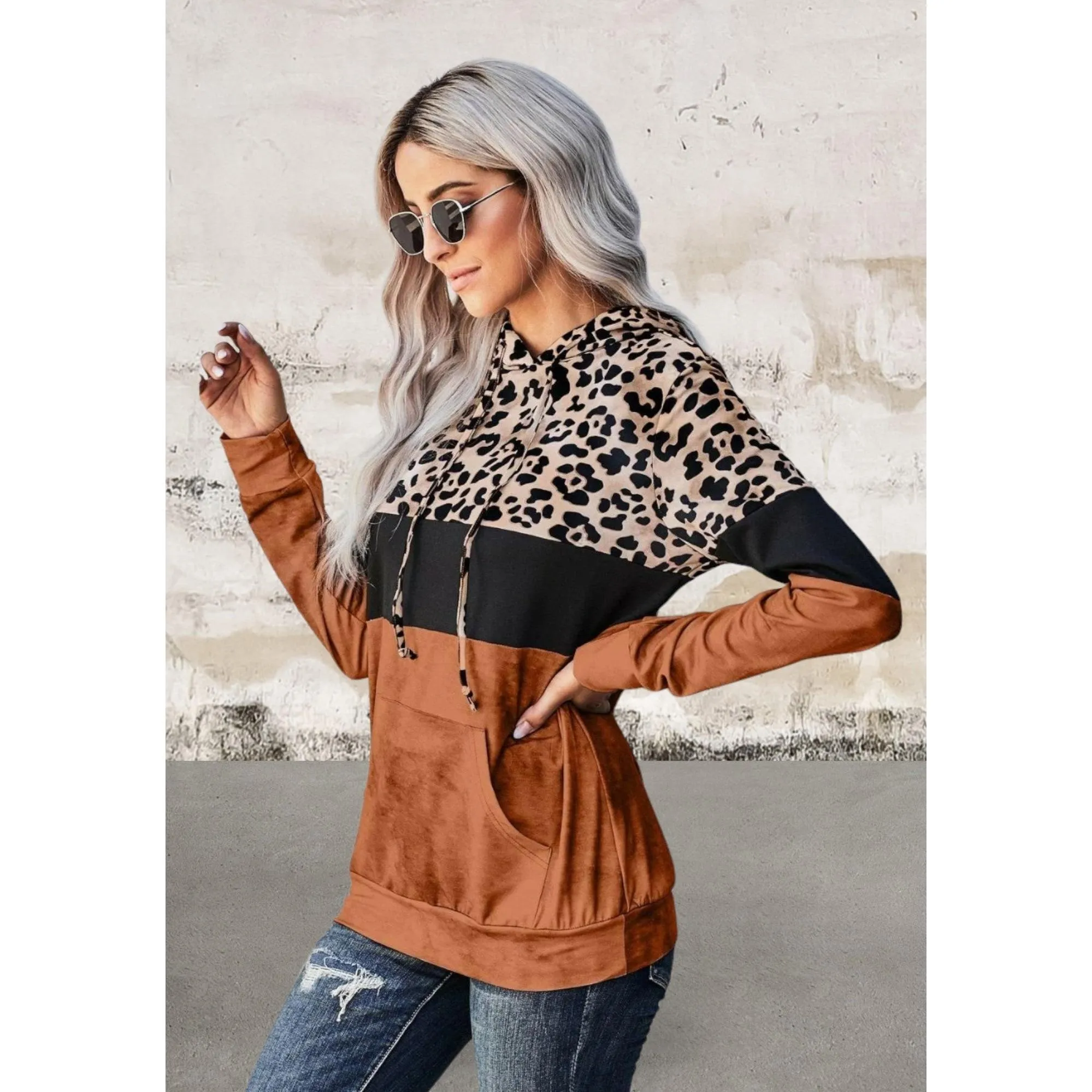 Long sleeve leopard colorblock hoodie