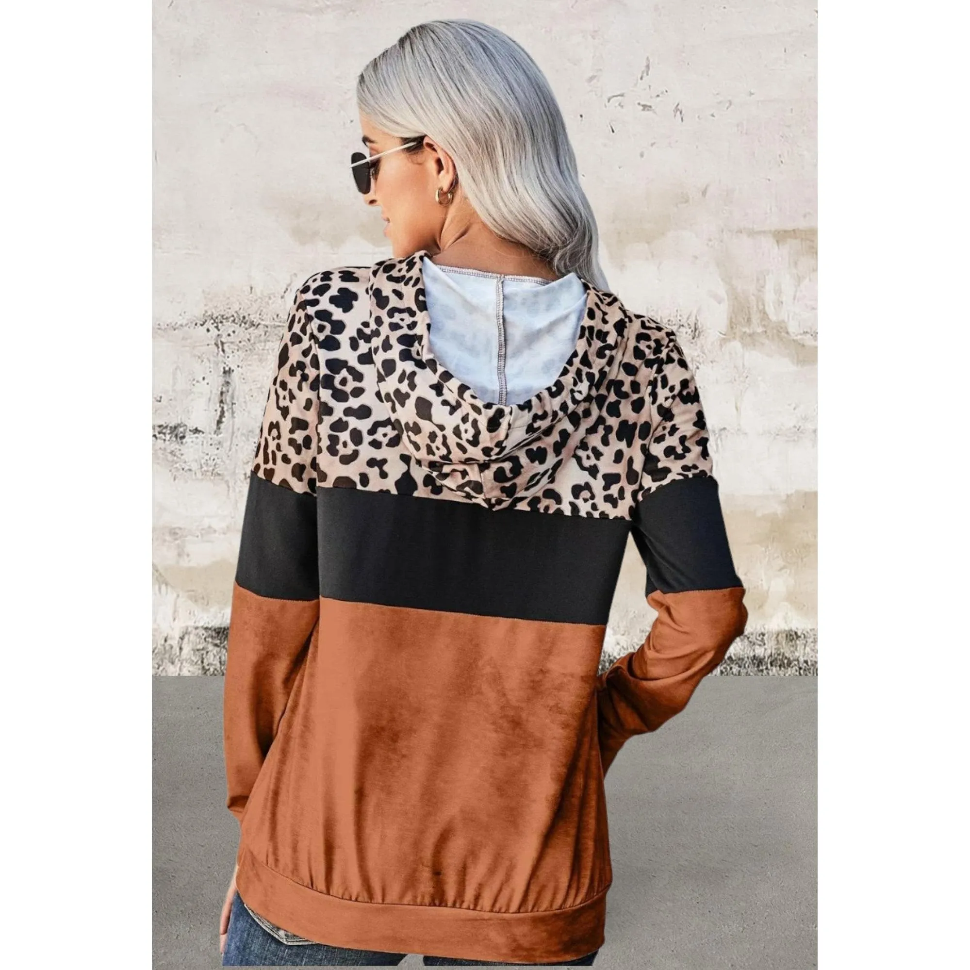 Long sleeve leopard colorblock hoodie