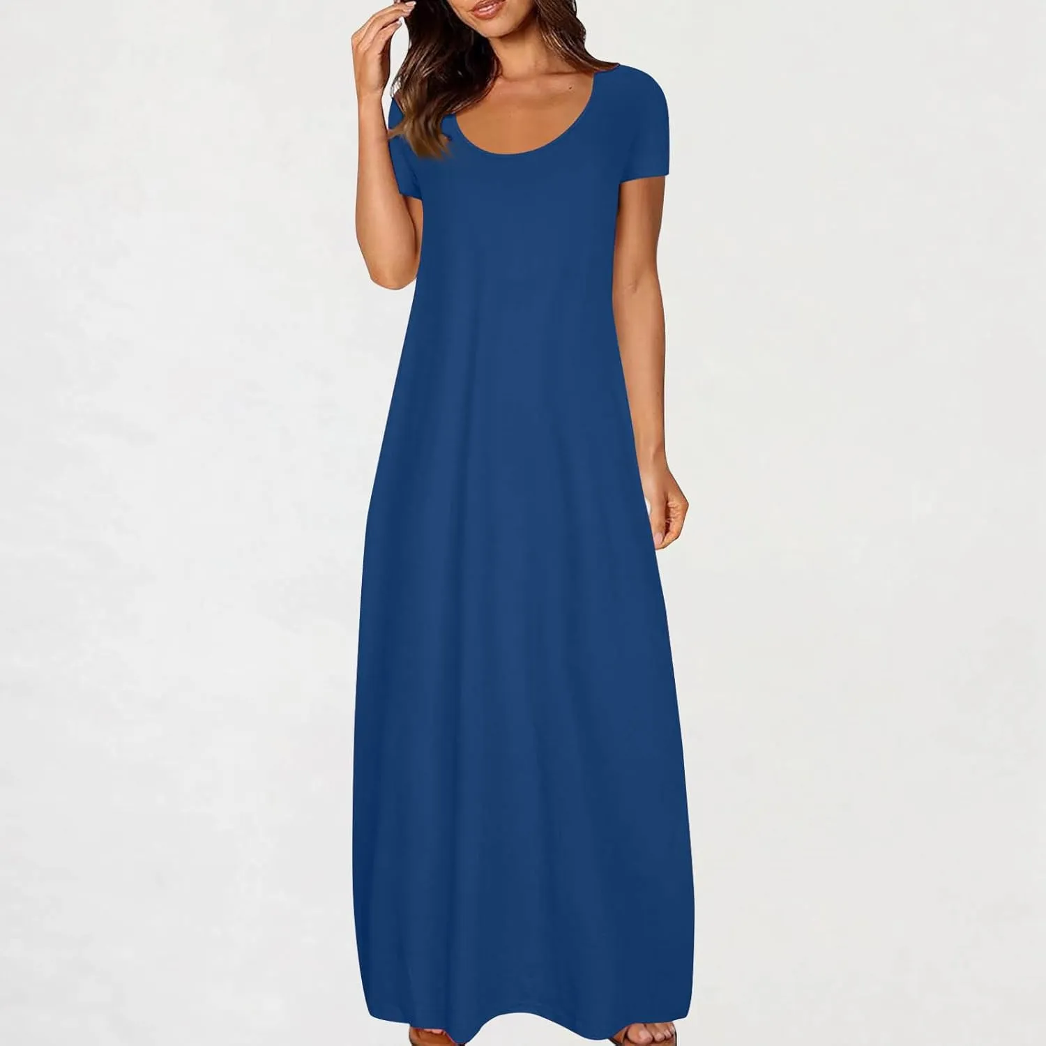 Long Summer Dresses for Women 2025 Casual Short Sleeve Crewneck Maxi Dress Solid Color Beach Vacation T Shirt Dresses
