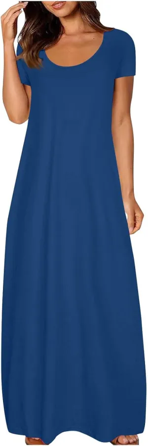 Long Summer Dresses for Women 2025 Casual Short Sleeve Crewneck Maxi Dress Solid Color Beach Vacation T Shirt Dresses