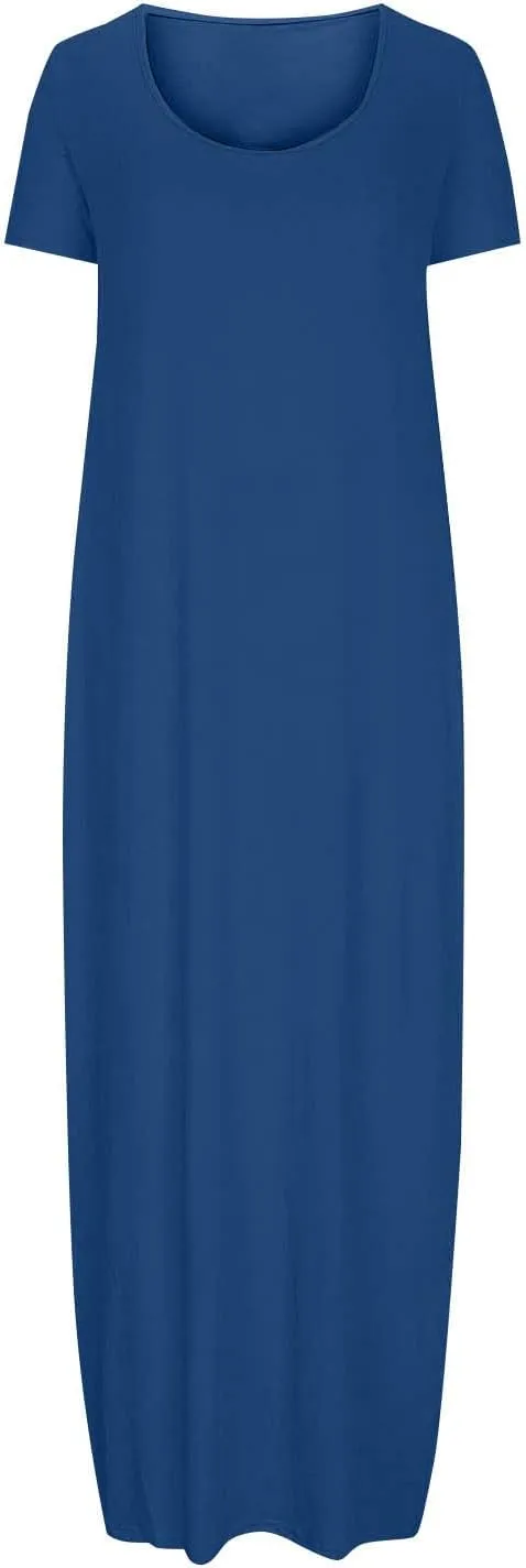 Long Summer Dresses for Women 2025 Casual Short Sleeve Crewneck Maxi Dress Solid Color Beach Vacation T Shirt Dresses