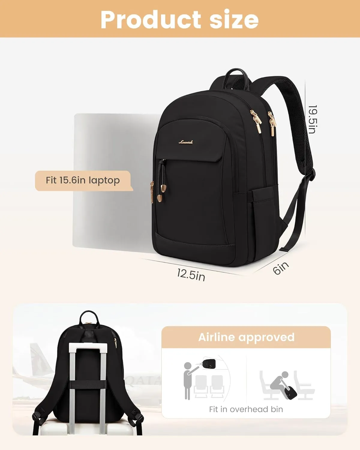 LOVEVOOK Travel Laptop Backpack Women, 15.6 lnch Anti Theft College Backpack Woman with Laptop Compartment, Large Water Resistant Black Computer Daypack for Work Casual Travel Essentials, Black