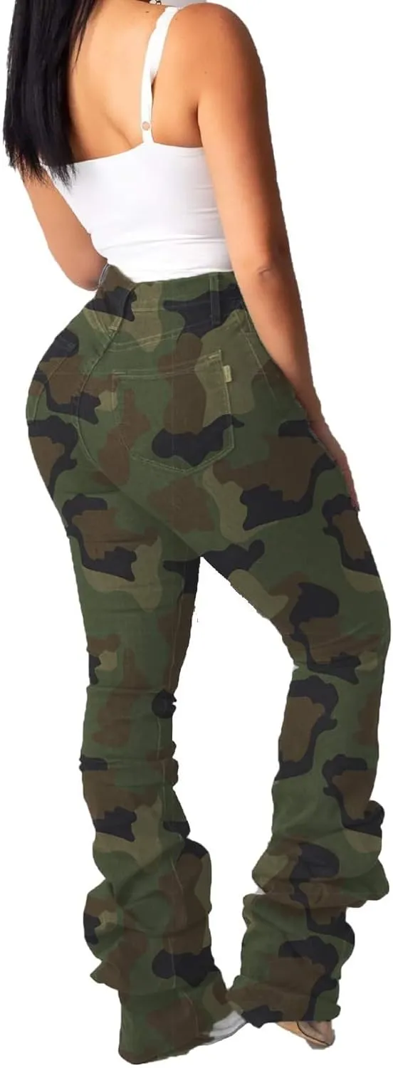 Lucuna Women's Camo Pants Flare Jeans High Waisted Y2K Camouflage Army Fatigue Ripped Bell Bottom Denim Pants