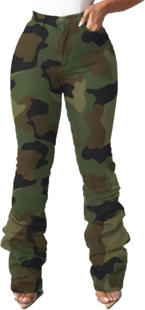 Lucuna Women's Camo Pants Flare Jeans High Waisted Y2K Camouflage Army Fatigue Ripped Bell Bottom Denim Pants