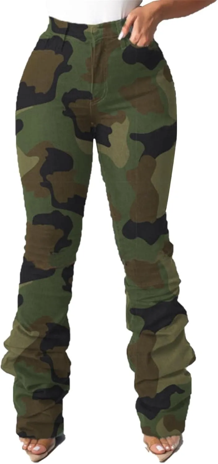 Lucuna Women's Camo Pants Flare Jeans High Waisted Y2K Camouflage Army Fatigue Ripped Bell Bottom Denim Pants