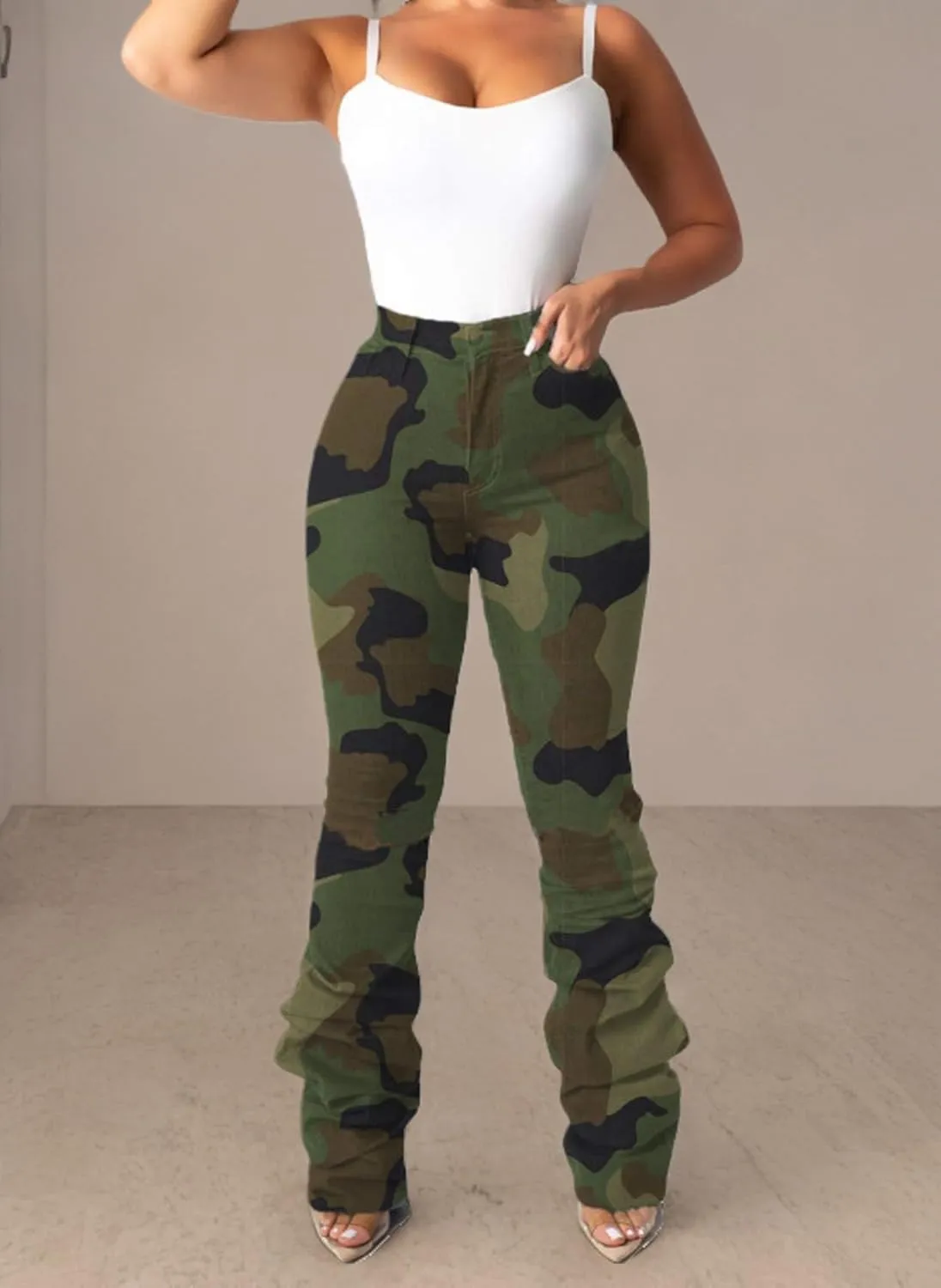 Lucuna Women's Camo Pants Flare Jeans High Waisted Y2K Camouflage Army Fatigue Ripped Bell Bottom Denim Pants