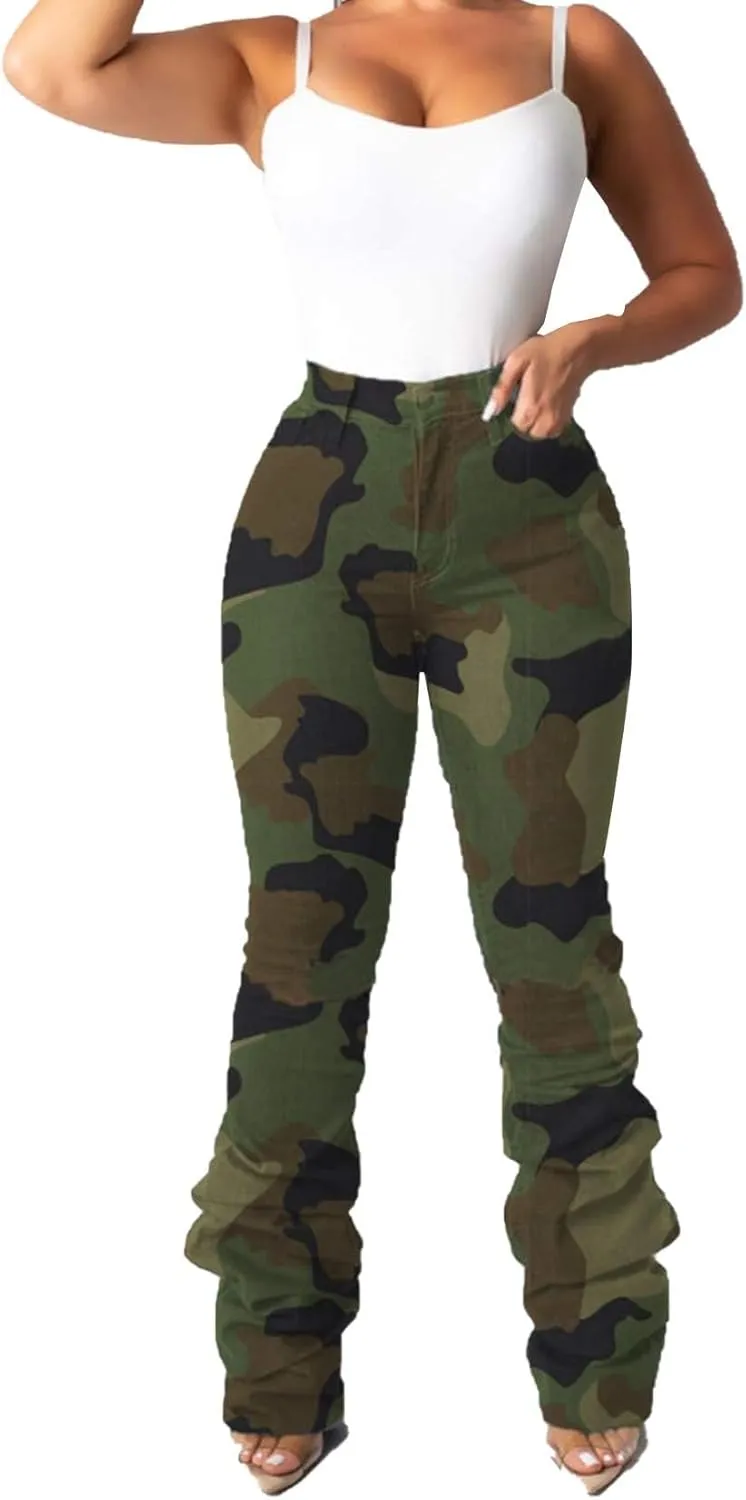 Lucuna Women's Camo Pants Flare Jeans High Waisted Y2K Camouflage Army Fatigue Ripped Bell Bottom Denim Pants