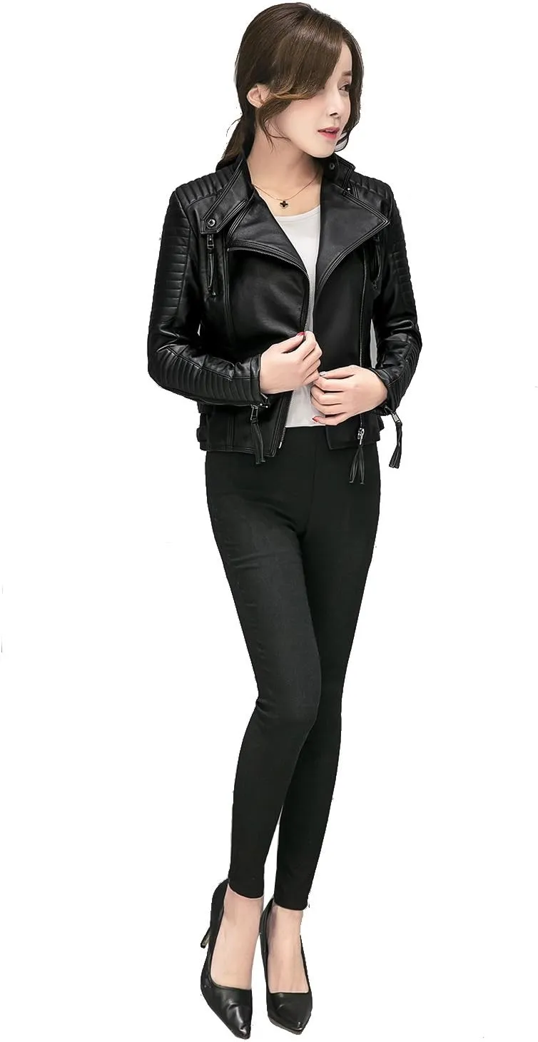 LY VAREY LIN Women's Faux Leather Bomber Jacket Patchwork Punk Moto Biker Coat