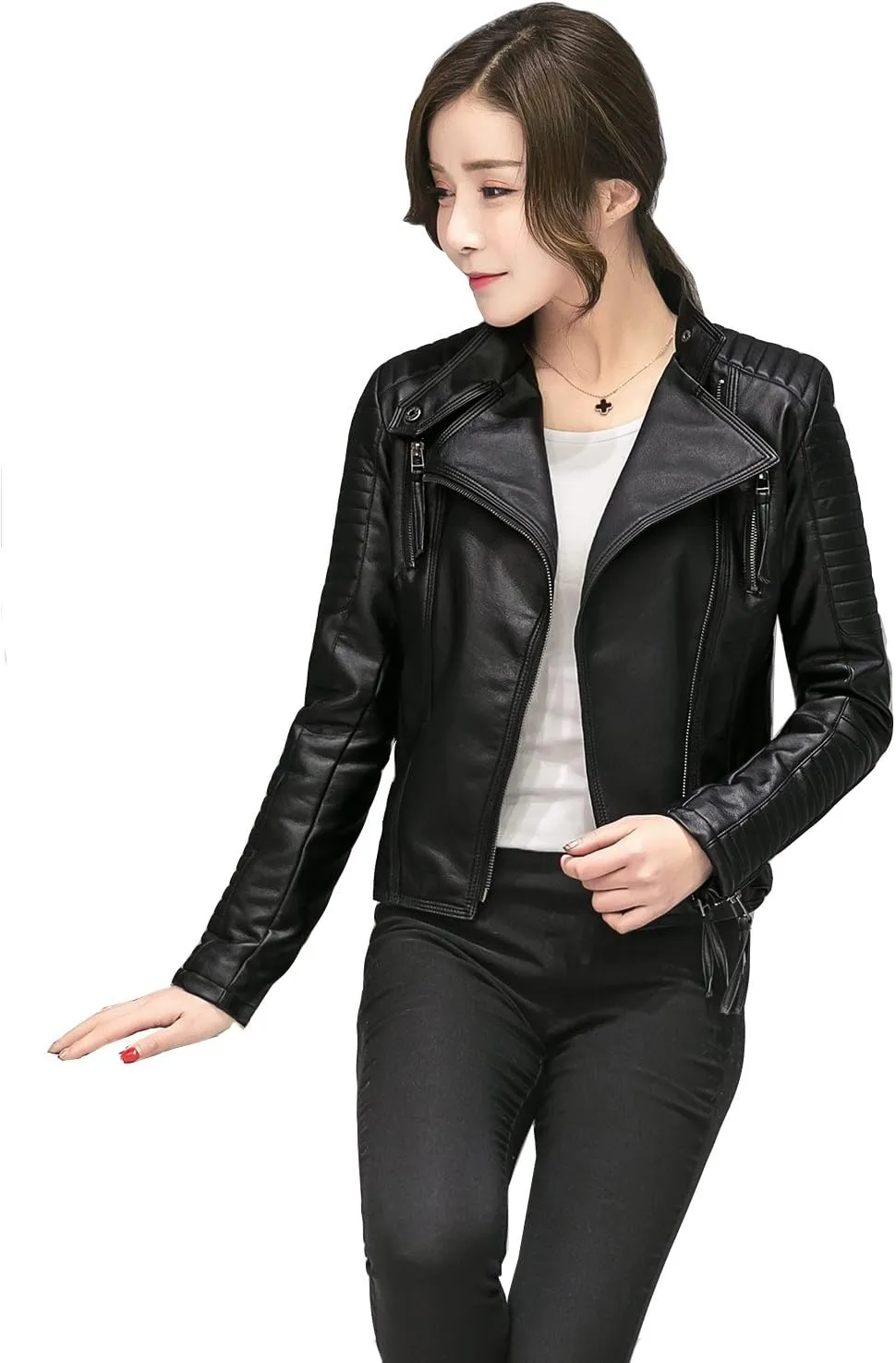 LY VAREY LIN Women's Faux Leather Bomber Jacket Patchwork Punk Moto Biker Coat
