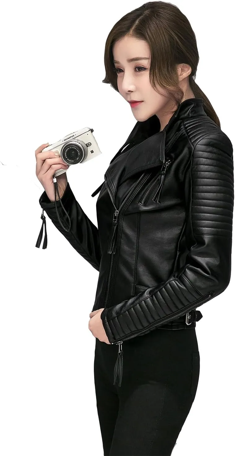 LY VAREY LIN Women's Faux Leather Bomber Jacket Patchwork Punk Moto Biker Coat
