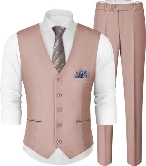 MAGE MALE Men's Linen 2 Piece Suit Slim Fit Wedding Groomsmen Summer Vest Pants Set with Pocket Square