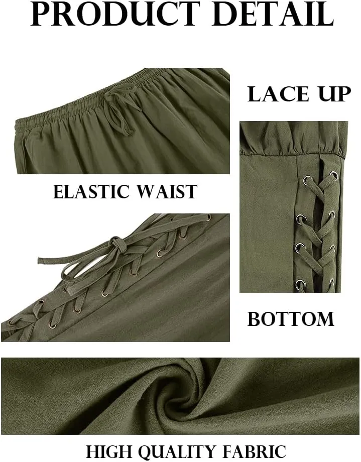 Makkrom Mens Medieval Ankle Pants Viking Pirate Costume Lace Up Tapered Banded Renaissance Navigator Halloween Trousers