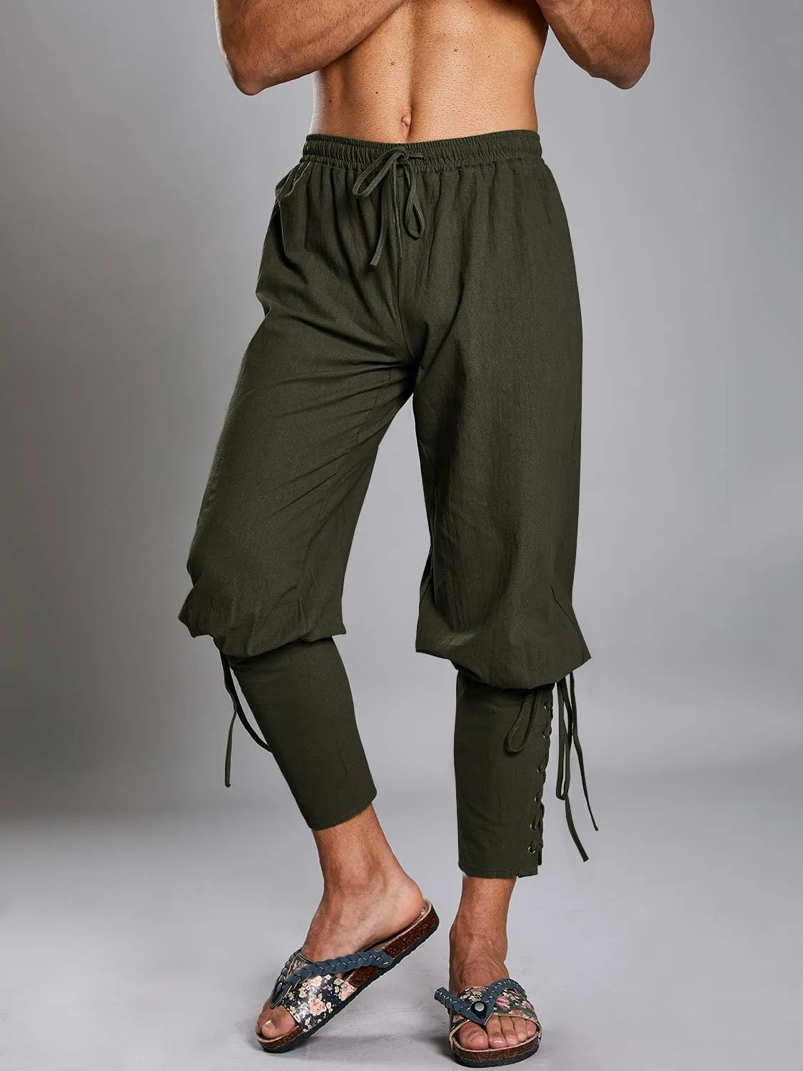 Makkrom Mens Medieval Ankle Pants Viking Pirate Costume Lace Up Tapered Banded Renaissance Navigator Halloween Trousers