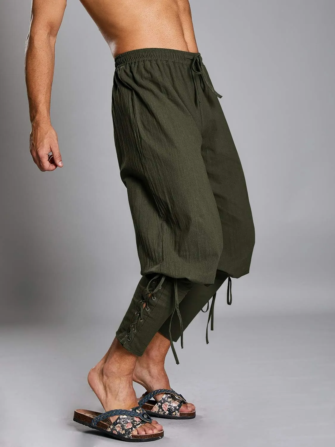 Makkrom Mens Medieval Ankle Pants Viking Pirate Costume Lace Up Tapered Banded Renaissance Navigator Halloween Trousers