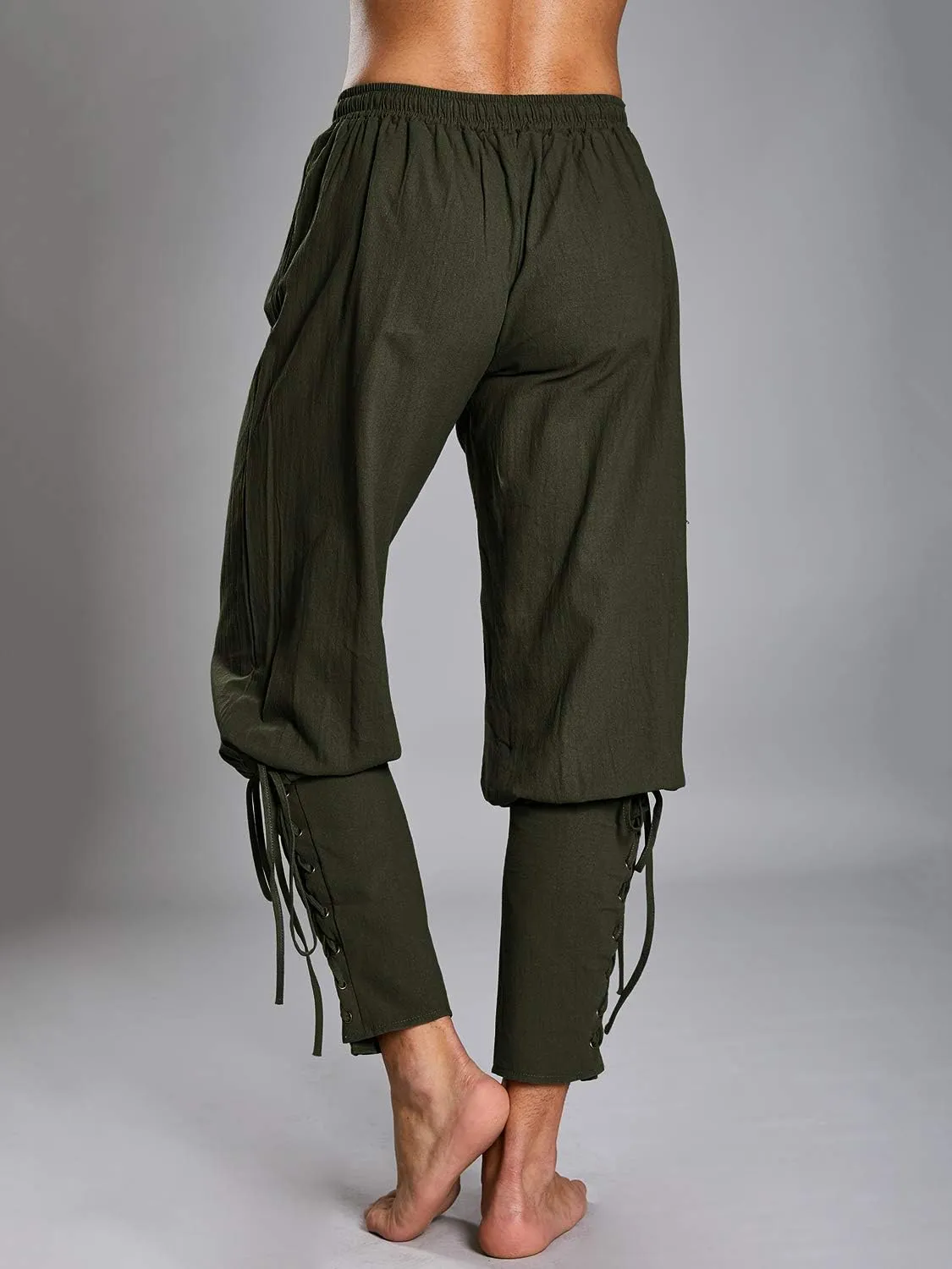 Makkrom Mens Medieval Ankle Pants Viking Pirate Costume Lace Up Tapered Banded Renaissance Navigator Halloween Trousers