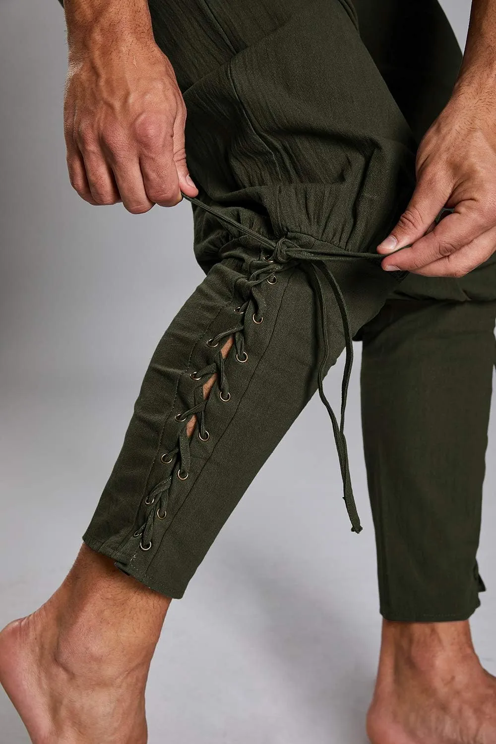 Makkrom Mens Medieval Ankle Pants Viking Pirate Costume Lace Up Tapered Banded Renaissance Navigator Halloween Trousers