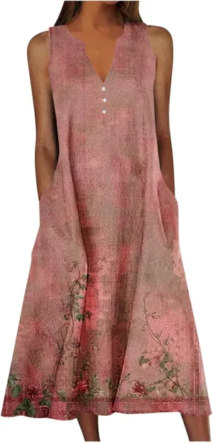 Maxi Dress for Women Plus Size Summer Floral Sleeveless V Neck Sundress Beach Vacation Long Tank Dress with Pockets