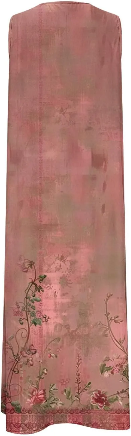 Maxi Dress for Women Plus Size Summer Floral Sleeveless V Neck Sundress Beach Vacation Long Tank Dress with Pockets