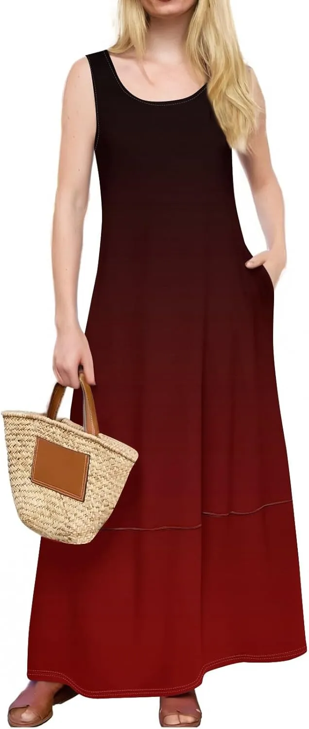 Maxi Sundress for Women 2025 Summer Loose Fit Beach Dress Scoop Neck Sleeveless Tank Dress Casual Vacation Dresses