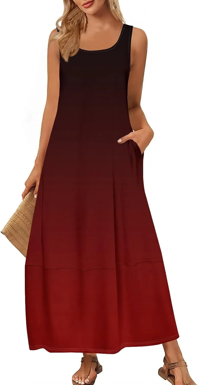 Maxi Sundress for Women 2025 Summer Loose Fit Beach Dress Scoop Neck Sleeveless Tank Dress Casual Vacation Dresses