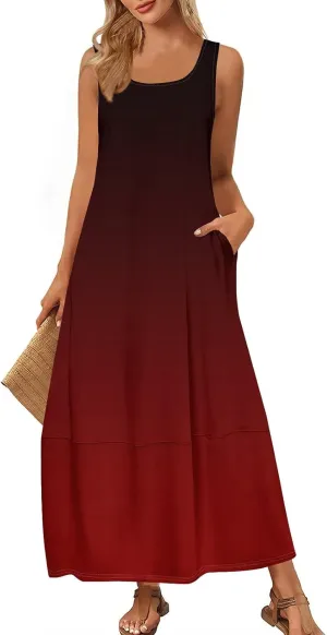 Maxi Sundress for Women 2025 Summer Loose Fit Beach Dress Scoop Neck Sleeveless Tank Dress Casual Vacation Dresses