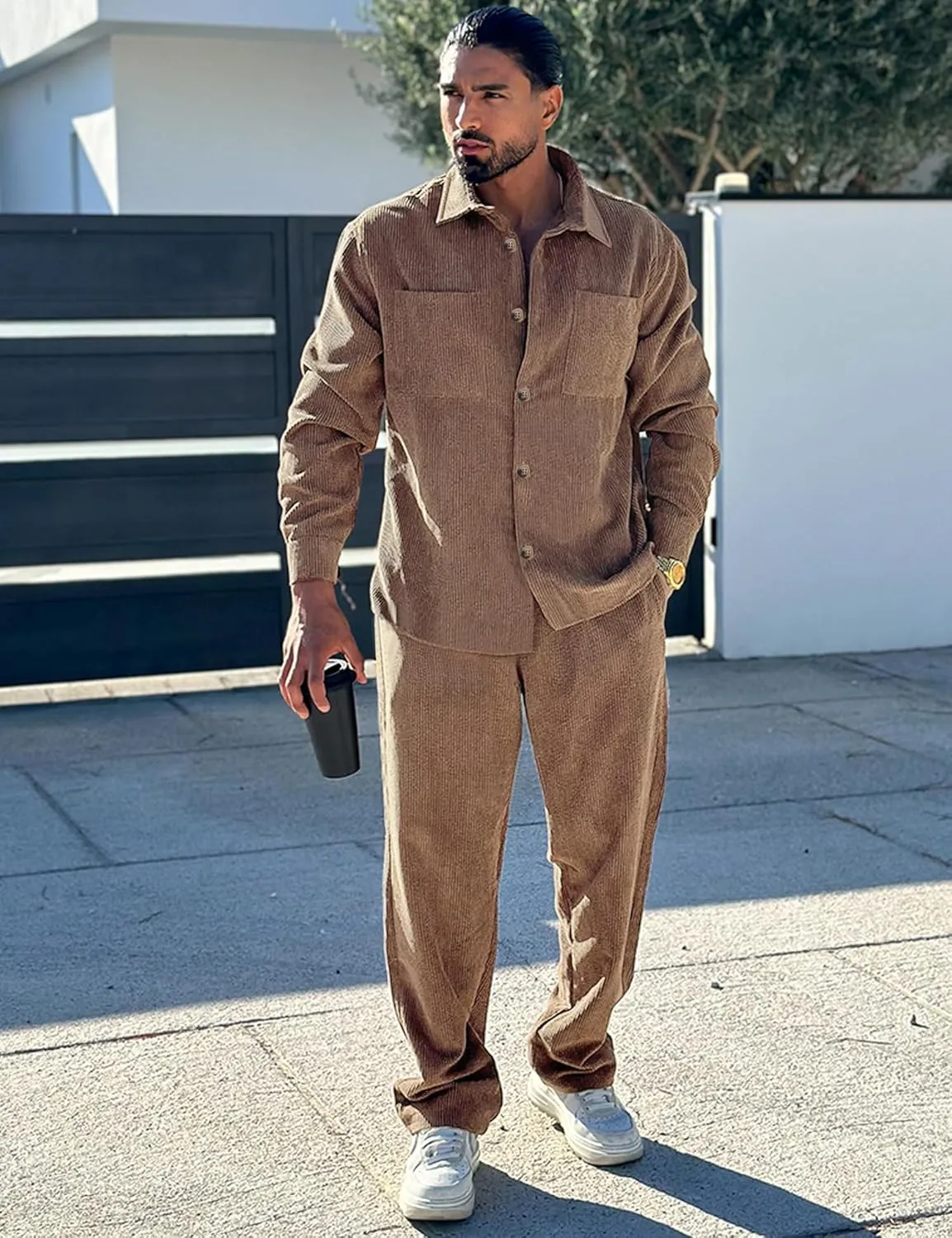 Men's 2 Piece Outfits Corduroy Casual Long Sleeve Shirt Pant Sets Fall Fashion Tracksuits