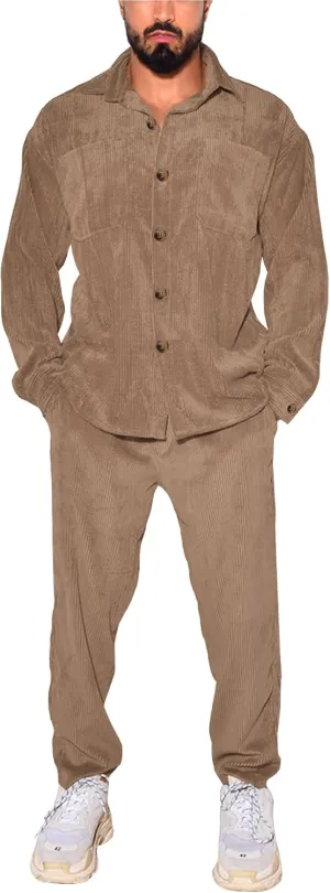 Men's 2 Piece Outfits Corduroy Casual Long Sleeve Shirt Pant Sets Fall Fashion Tracksuits