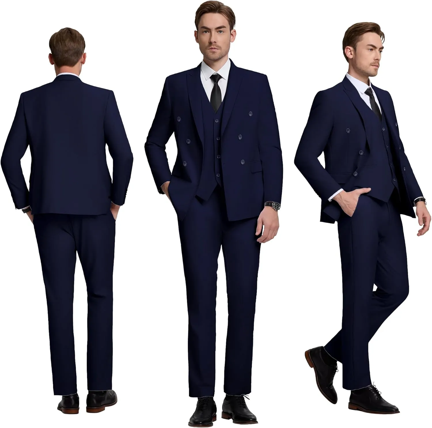 Mens Double Breasted Suit Slim Fit 3 Piece Suit Peak Lapel Solid Blazer Jacket Vest Pant Tuxedo Set for Wedding Business