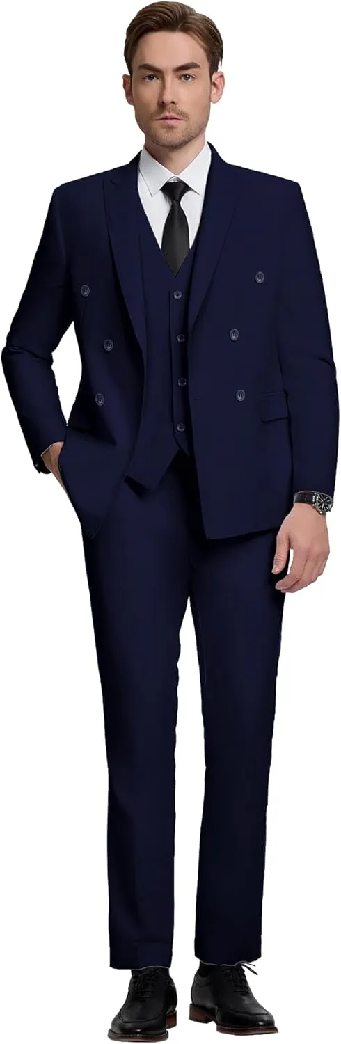 Mens Double Breasted Suit Slim Fit 3 Piece Suit Peak Lapel Solid Blazer Jacket Vest Pant Tuxedo Set for Wedding Business