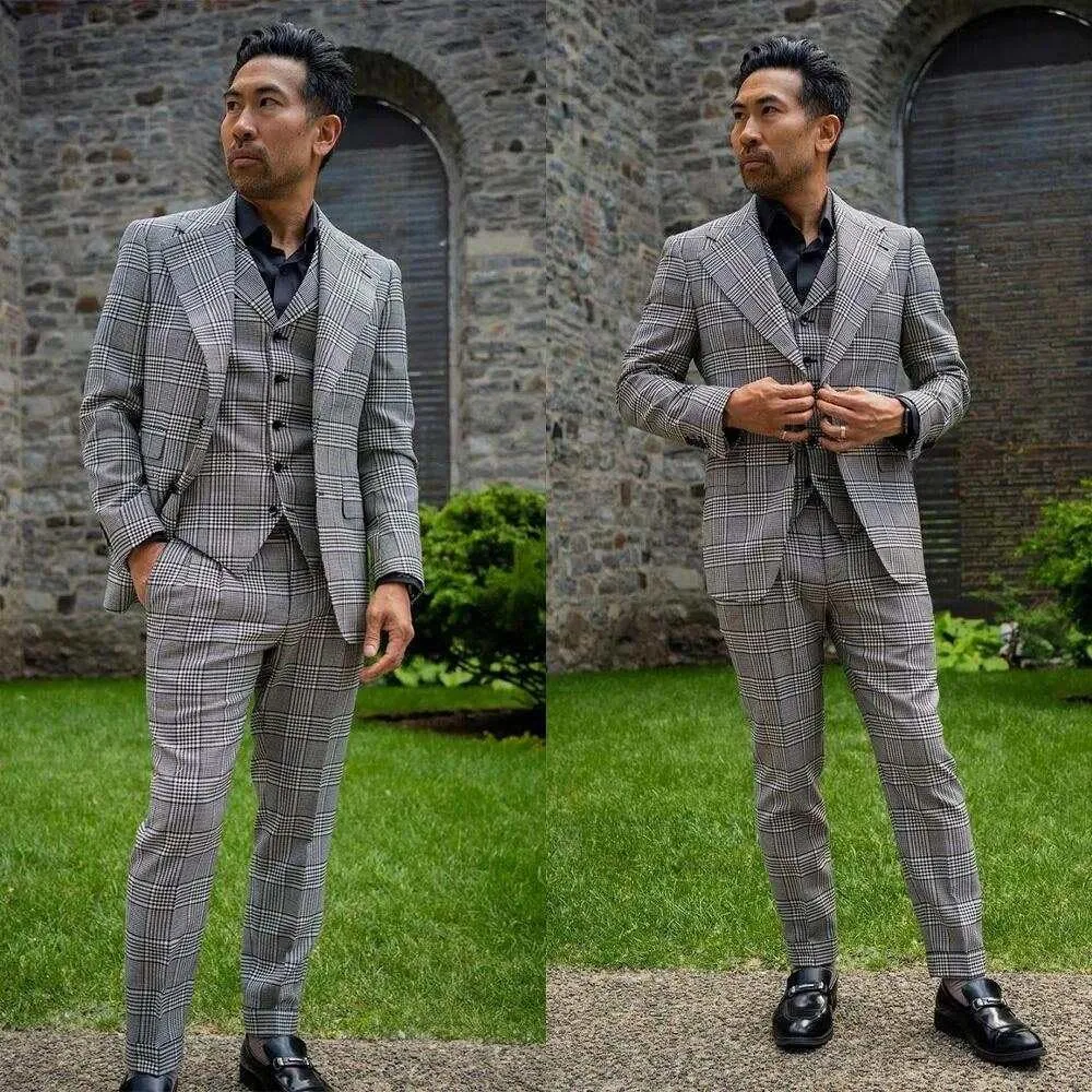 Men's Houndstooth 3-Piece Suit Notch Lapel Jacket with Single Breasted Button Vest Pants Leisure/Dinner