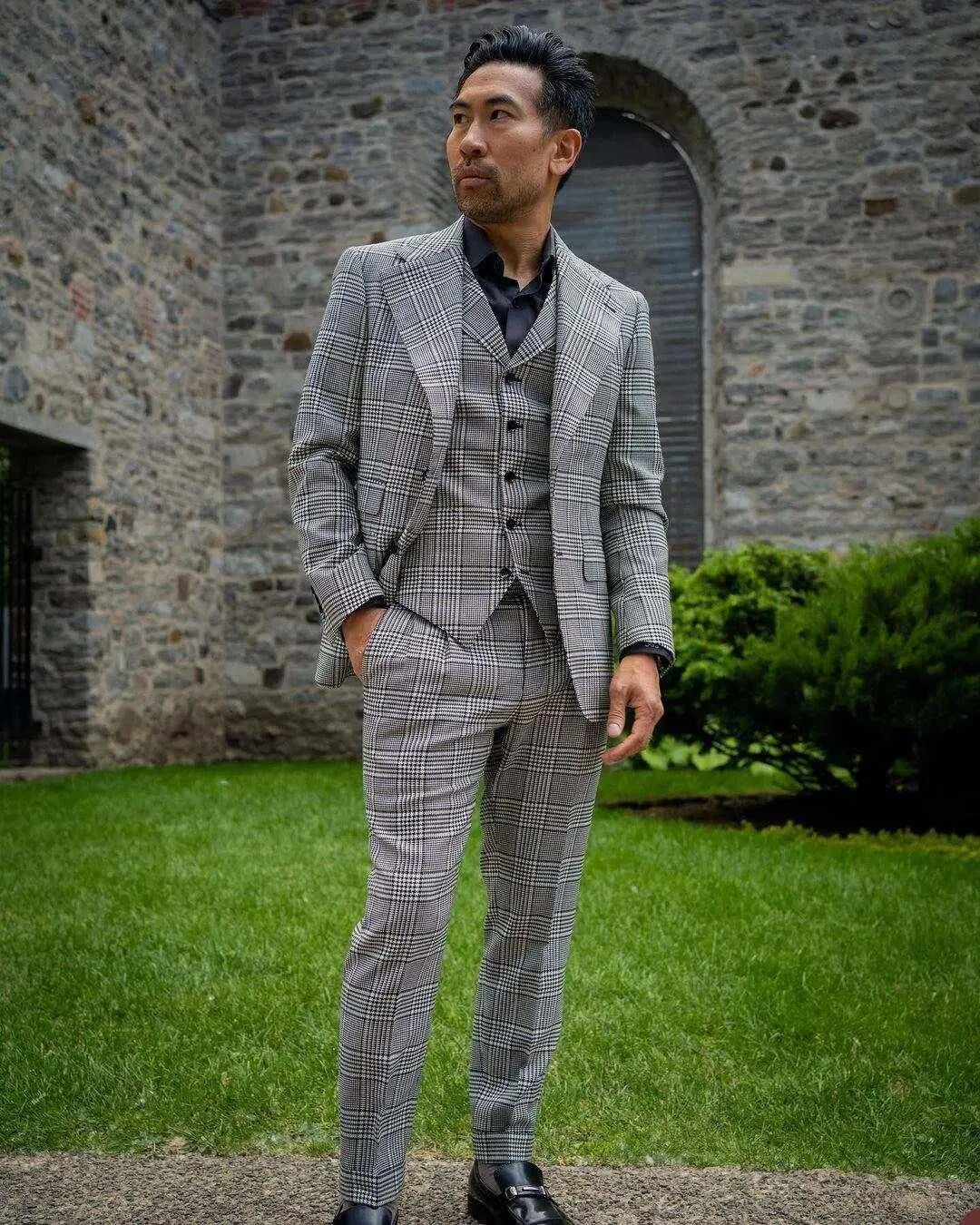 Men's Houndstooth 3-Piece Suit Notch Lapel Jacket with Single Breasted Button Vest Pants Leisure/Dinner