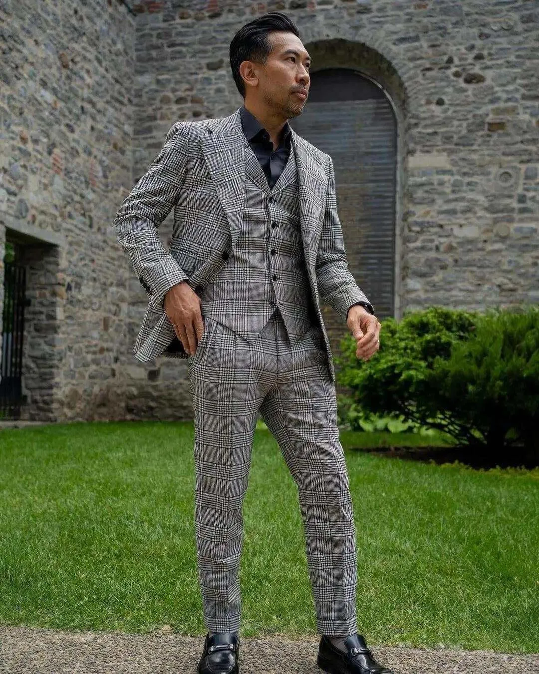 Men's Houndstooth 3-Piece Suit Notch Lapel Jacket with Single Breasted Button Vest Pants Leisure/Dinner