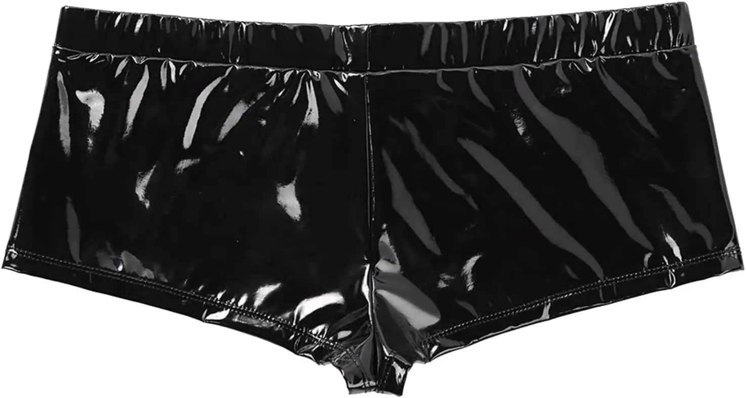 Mens Leather Underwear Sexy Boxer Briefs Front Opening Pouch Low Rise Soft No Show Performance Trunk Lingerie for Men