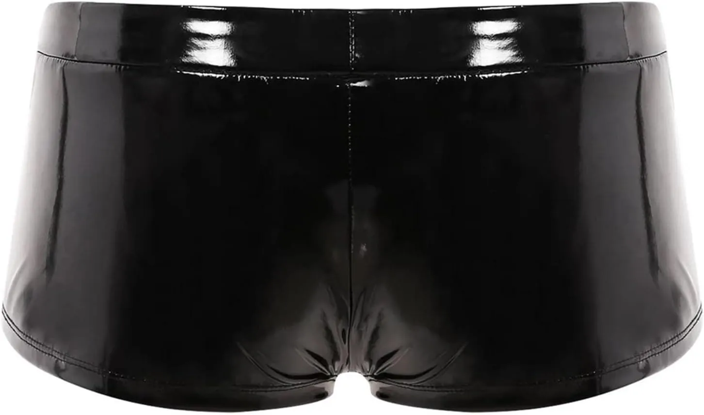 Mens Leather Underwear Sexy Boxer Briefs Front Opening Pouch Low Rise Soft No Show Performance Trunk Lingerie for Men
