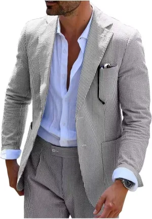 Mens Seersucker Suit Summer 2 Pieces Casual 2 Button Slim Fit Stripe Suits for Men Wedding Party Suit Jacket Pants