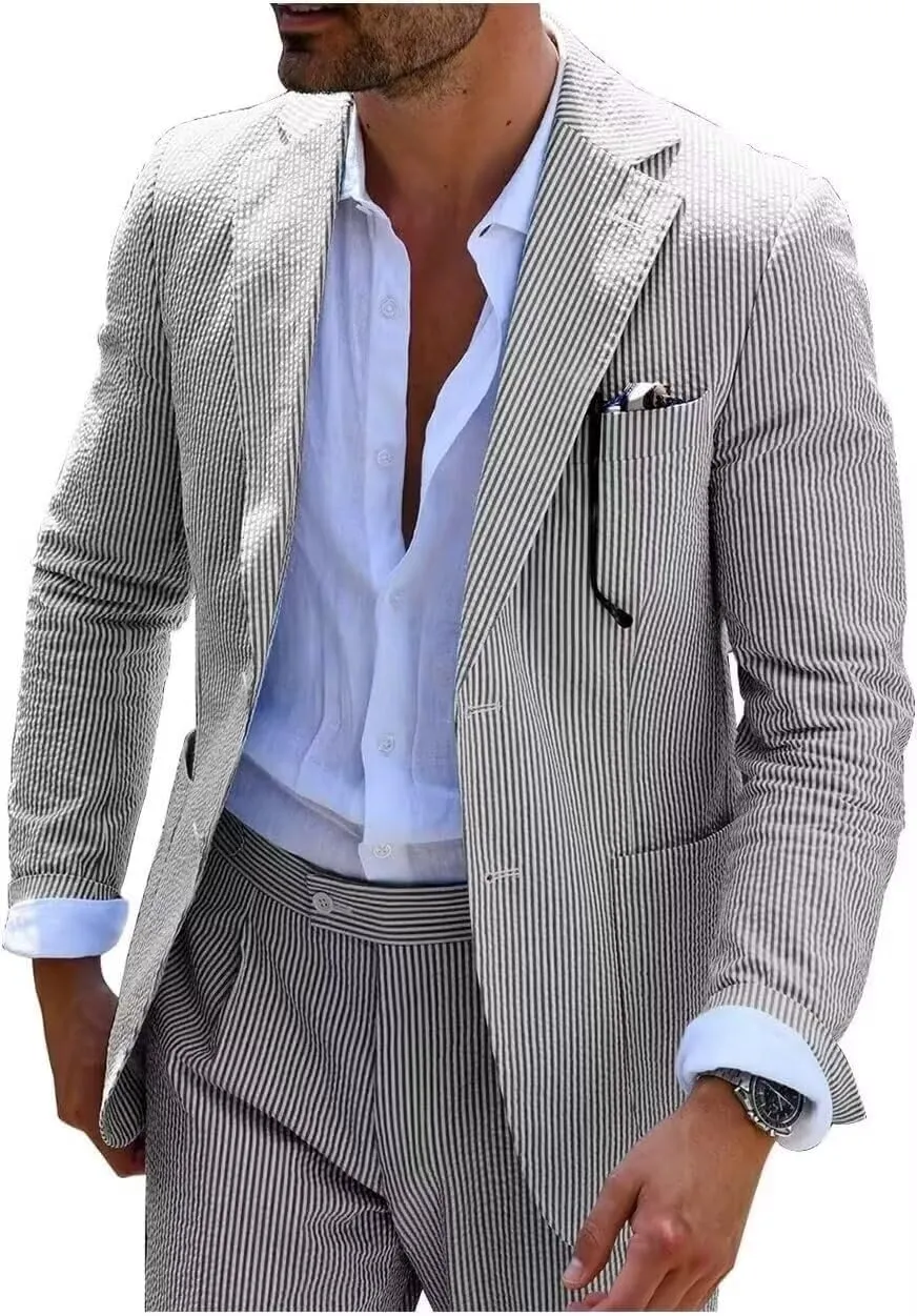 Mens Seersucker Suit Summer 2 Pieces Casual 2 Button Slim Fit Stripe Suits for Men Wedding Party Suit Jacket Pants