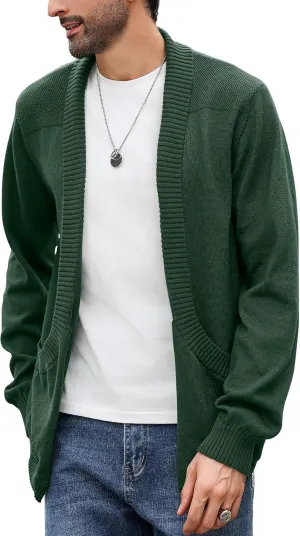 Men's Shawl Collar Long Sleeve Cardigan Knit Open Front with Pockets
