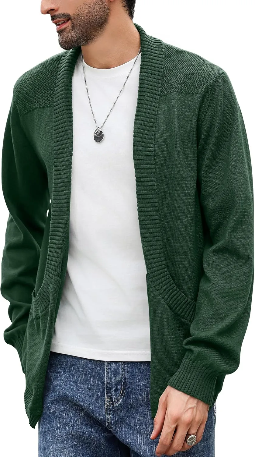 Men's Shawl Collar Long Sleeve Cardigan Knit Open Front with Pockets
