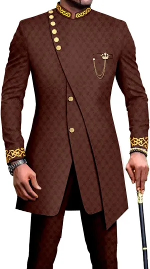 Men`s Suit Double Breasted Slim Fit Embroidery Chain Blazer and Pants Set Dashiki Outfits African Clothes