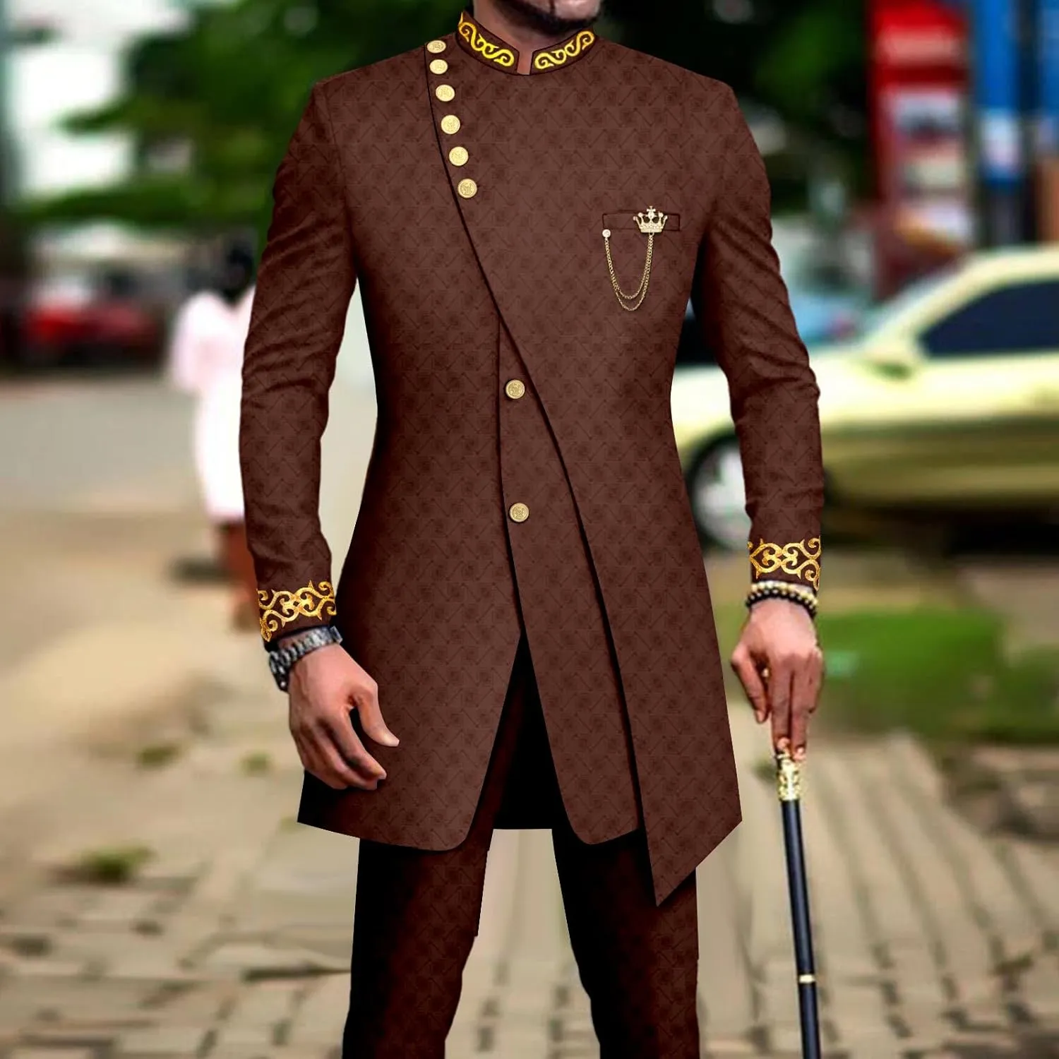 Men`s Suit Double Breasted Slim Fit Embroidery Chain Blazer and Pants Set Dashiki Outfits African Clothes