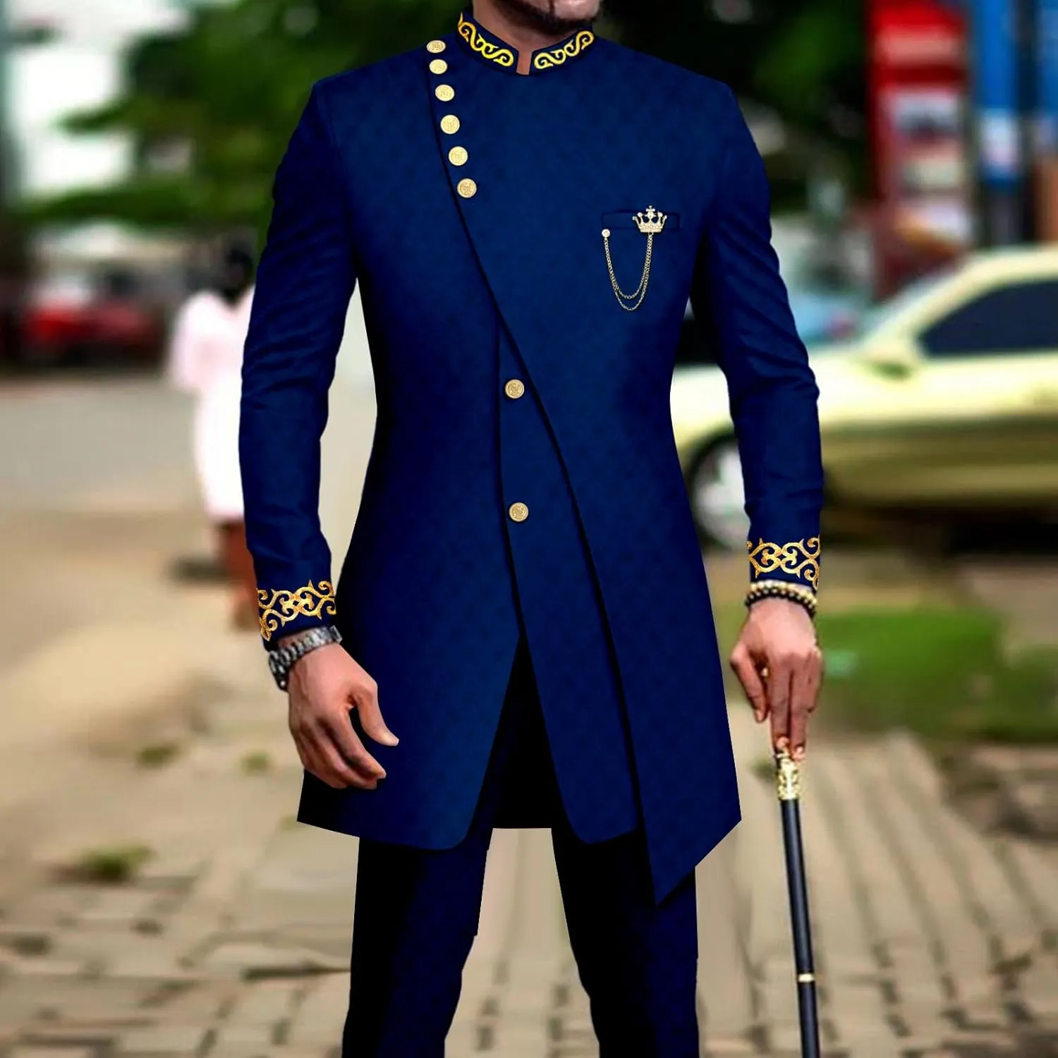 Men`s Suit Double Breasted Slim Fit Embroidery Chain Blazer and Pants Set Dashiki Outfits African Clothes