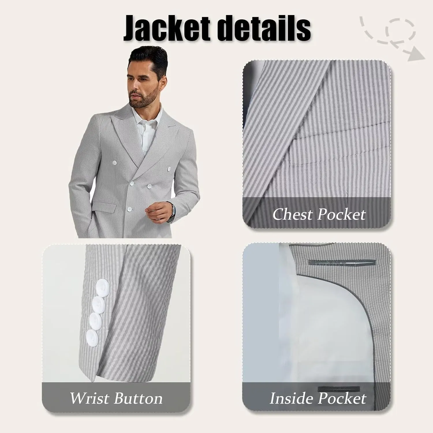 Mens Suit Summer Seersucker 2 Piece Double Breasted Buckle Striped Tuxedos for Men Wedding Suits Cotton Beach Party
