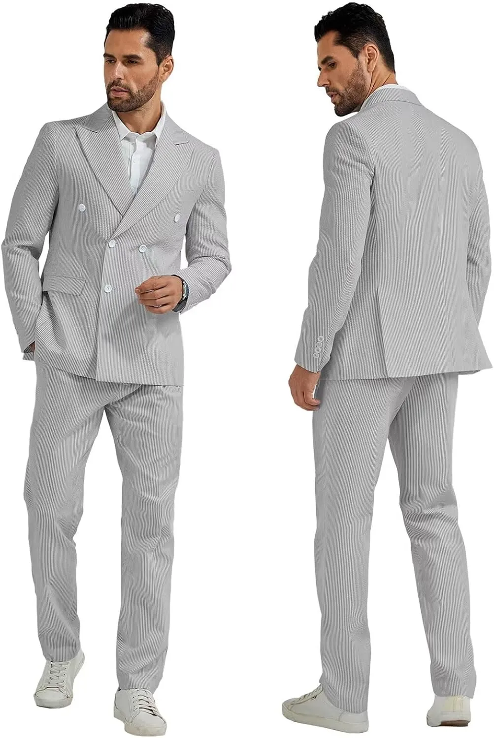 Mens Suit Summer Seersucker 2 Piece Double Breasted Buckle Striped Tuxedos for Men Wedding Suits Cotton Beach Party