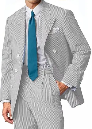 Mens Suit Summer Seersucker 2 Piece Double Breasted Buckle Striped Tuxedos for Men Wedding Suits Cotton Beach Party