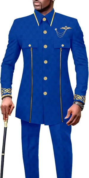 Men`s Suits African Clothes Slim Fit Embroidery Single Breasted Full Sleeve Zip Blazer and Pants Set