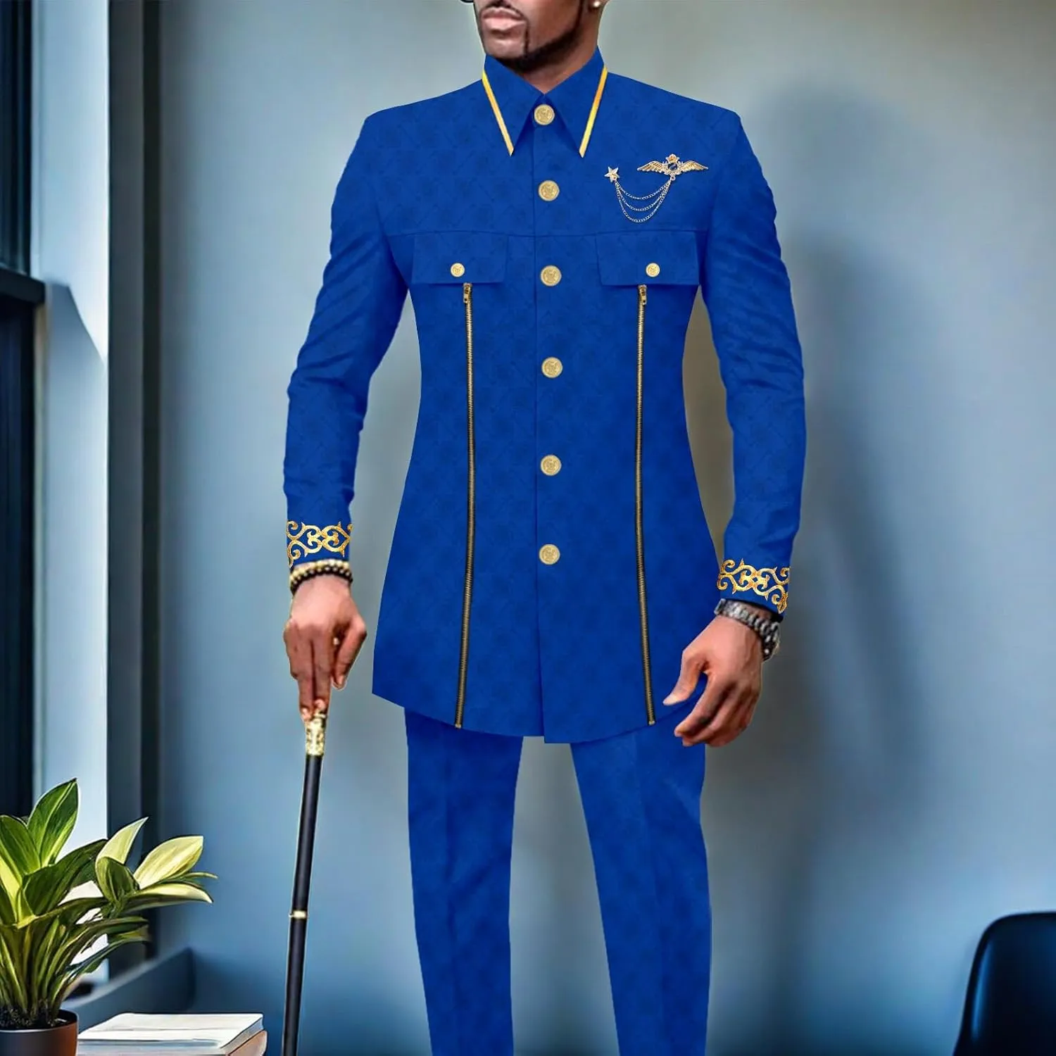 Men`s Suits African Clothes Slim Fit Embroidery Single Breasted Full Sleeve Zip Blazer and Pants Set