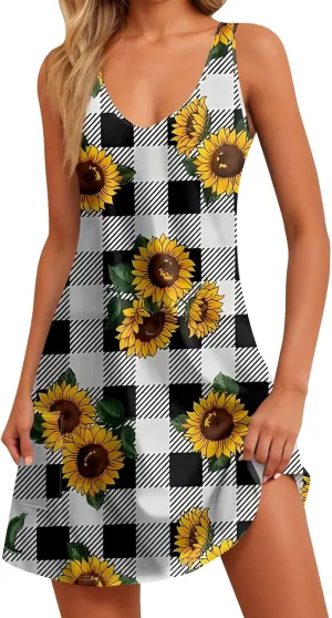 Mini Dresses for Women V Neck Floral Print Mini Dresses Sleeveless Tank Dresses Casual Sundresses Beach Cover Ups