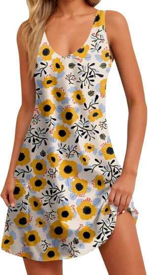 Mini Dresses for Women V Neck Floral Print Mini Dresses Sleeveless Tank Dresses Casual Sundresses Beach Cover Ups